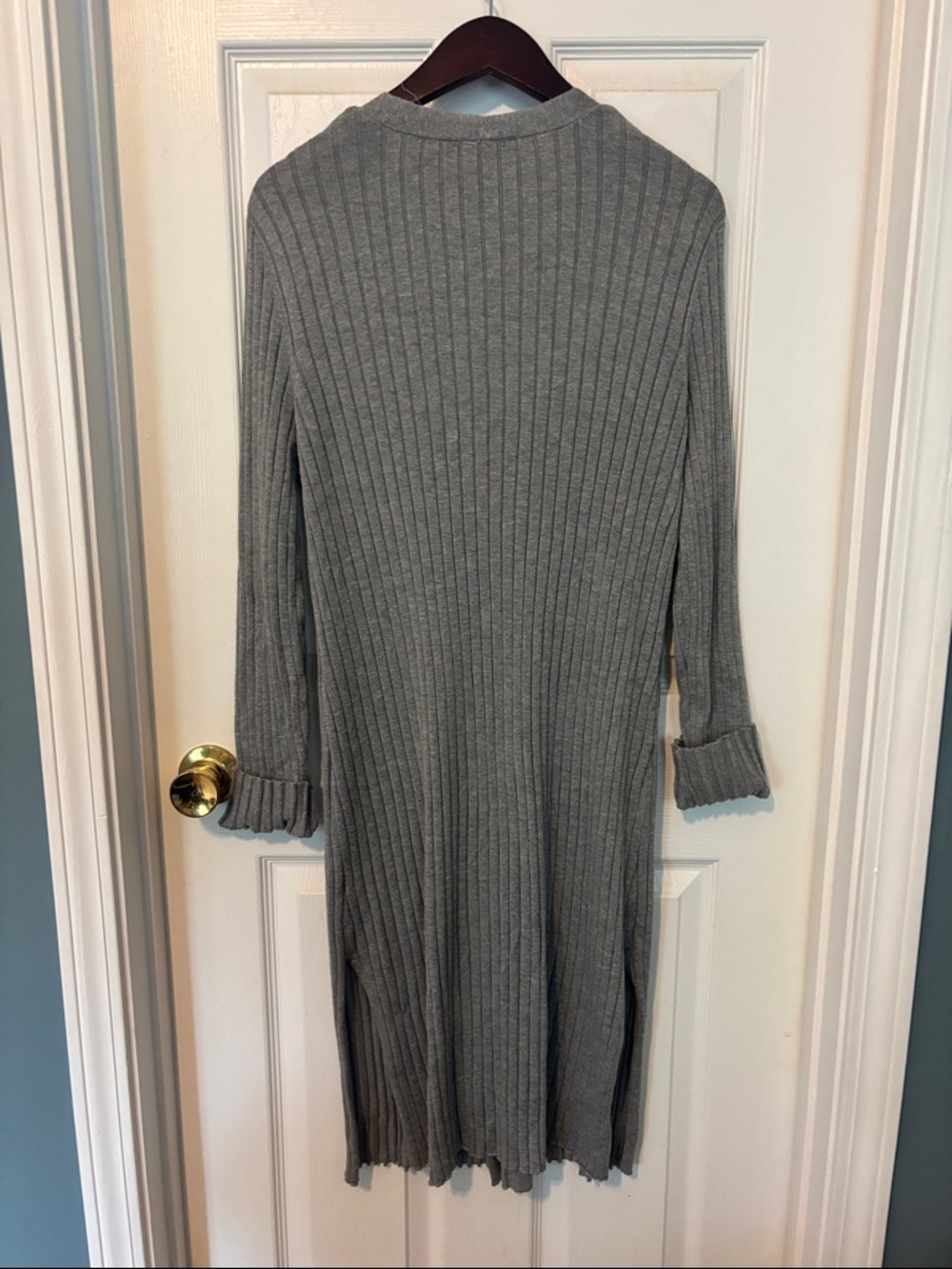 Long Ribbed Gray Button-Front Cardigan Sweater - Picture 6 of 6